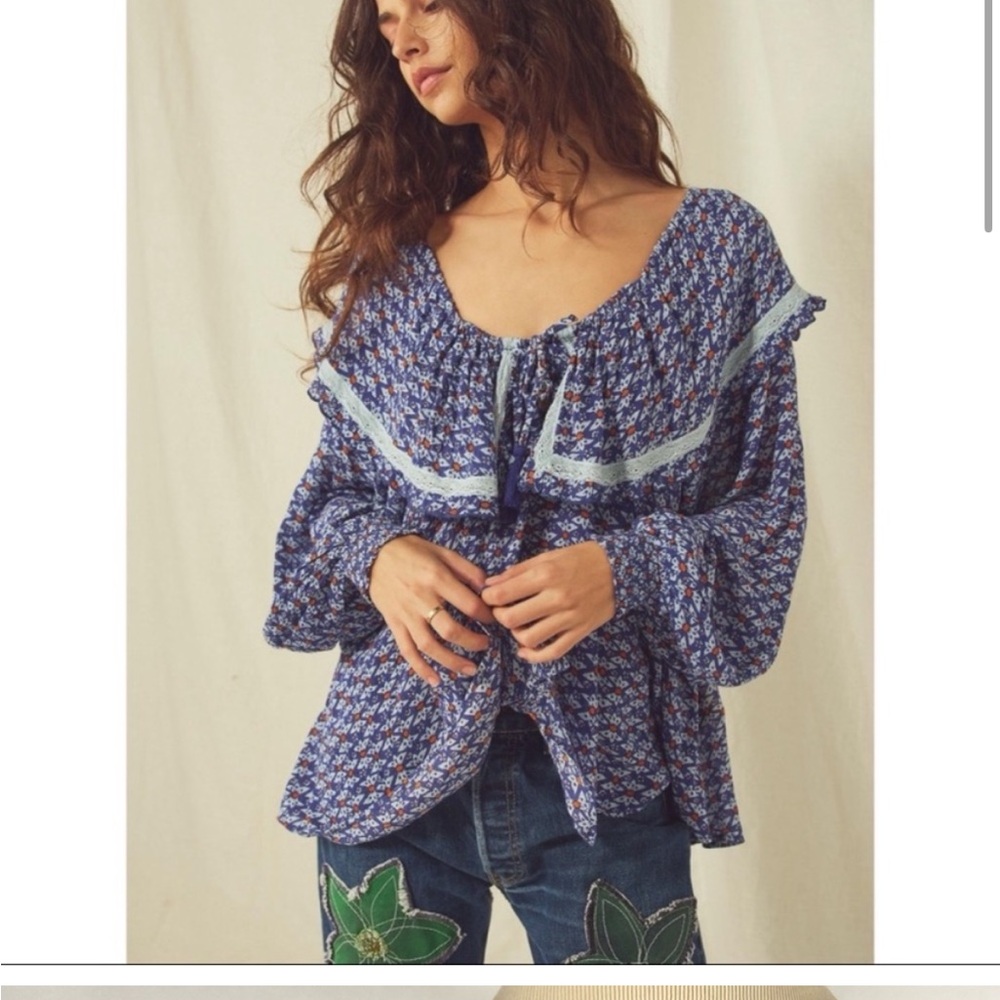 Free People Small Sunrise Printed Shirt Top Boho Floral Cottage-core